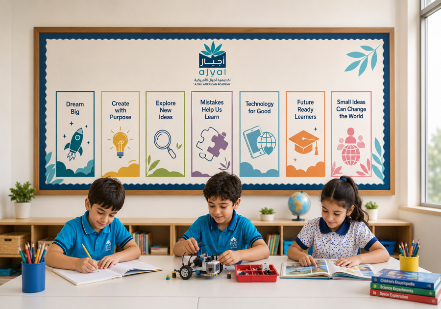 Ajyal STEM learning wall and students